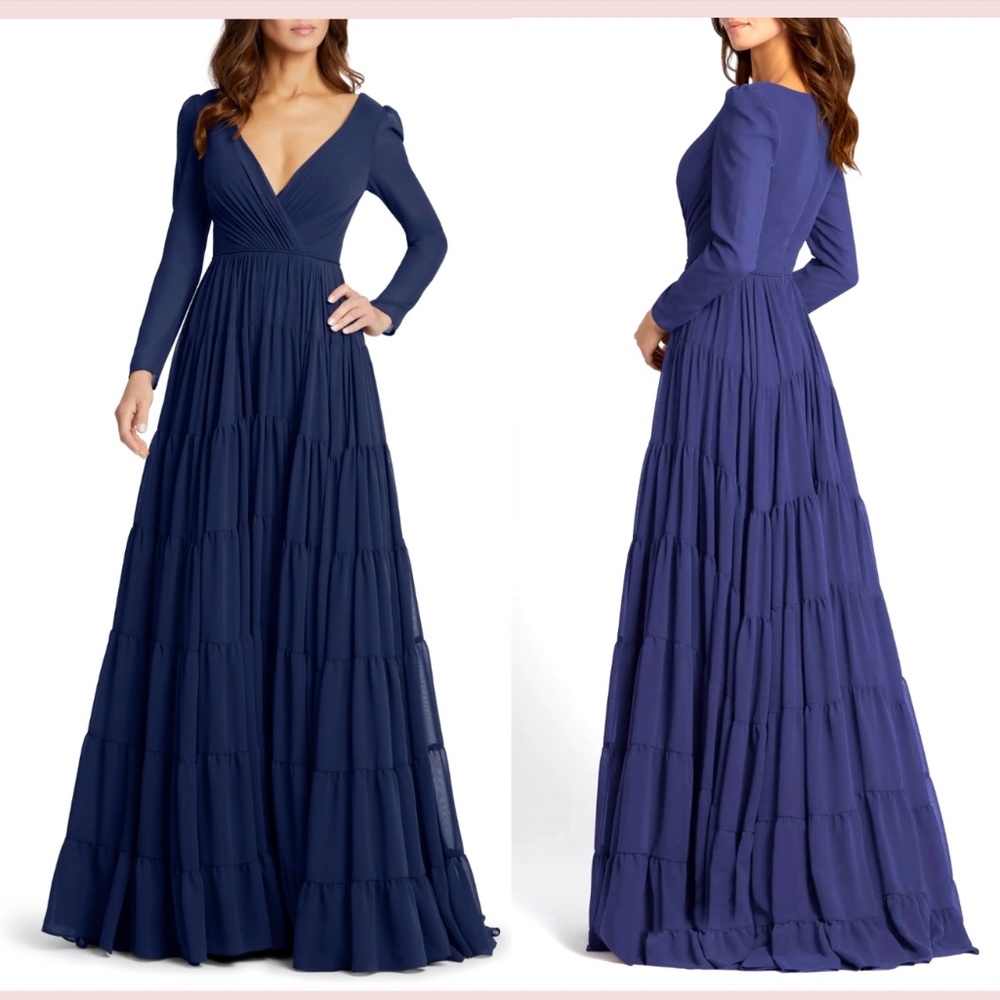 NEW‎ $398 IEENA for Mac Duggal [ 14 ] Long Sleeve Chiffon A-Line Gown Blue